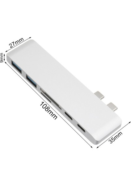 6 In 1 Type - C Hub Adaptörü 2 USB 3.0 Sd Tf Kart Okuyucu Macbook Beyaz İçin Şarj (Yurt Dışından)