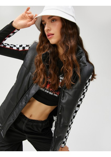 Şişme Yelek Deri Görünümlü Dik Yaka Çıtçıt Kapama