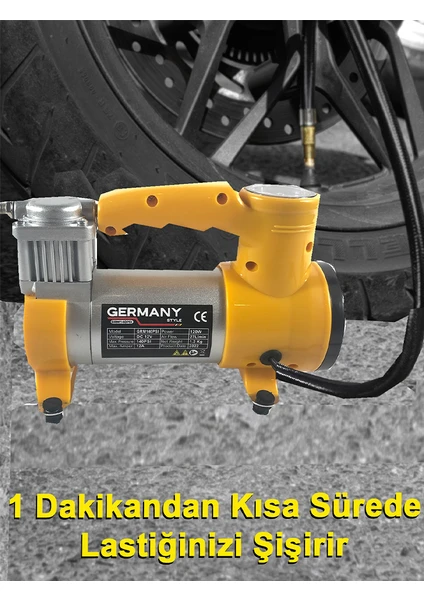 Germany Style 12 V Araba Oto Araç Lastik Şişirme Pompası 160 Psi Metal Gövde  Kompresör