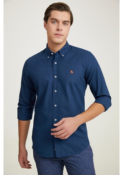 Slim Fit Lacivert Armürlü Gömlek