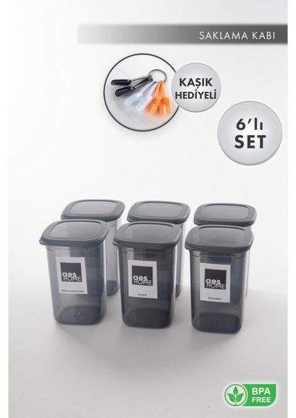 Aes Home Kırılmaz Kare Erzak Saklama Kabı Füme 1,20 lt x 6 Adet (6'lı Kaşık Seti ve Etiket)