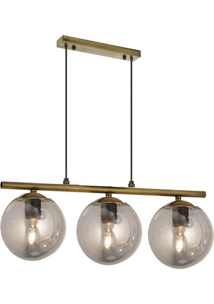 Modern Füme Glop Camlı Sıralı Üçlü Gold Sarkıt Avize