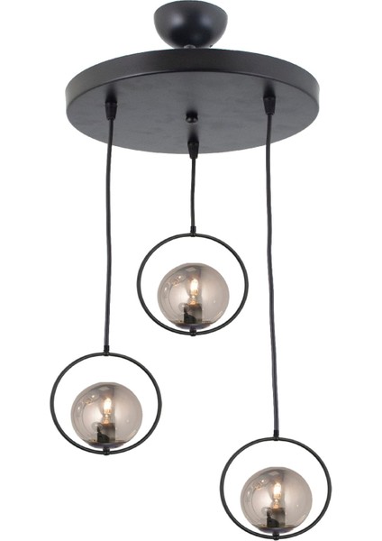 Modern Füme Glop Camlı Daire Model Üçlü Siyah Sarkıt Avize