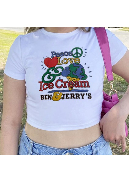 Peace Love Baskılı Beyaz Crop