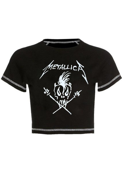 Metallica Skull Baskılı Ters Dikiş Siyah Crop fiyatları