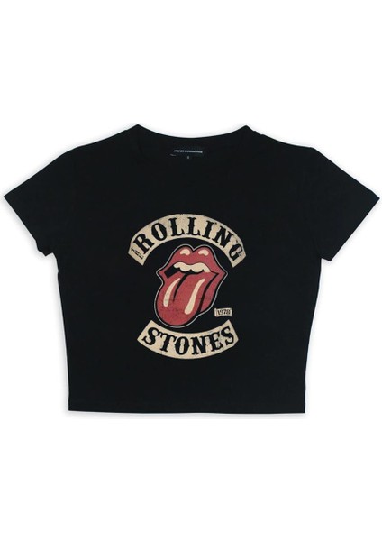 Rolling Stones Baskılı Siyah Crop