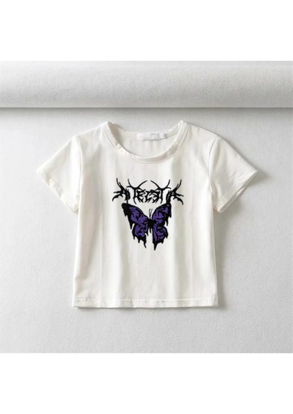 Gothic Purple Butterfly Baskılı Beyaz Crop fiyatları