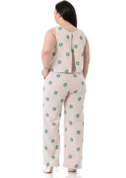 Büyük Beden Kalın Askılı Fermuarlı Beli Lastikli Yeşil Çiçekli Kadın Tulum modelleri