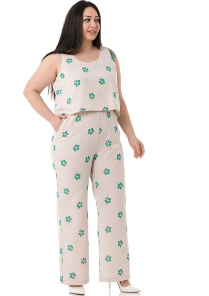 Büyük Beden Kalın Askılı Fermuarlı Beli Lastikli Yeşil Çiçekli Kadın Tulum fırsatları