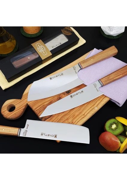 Castle Kitchen Elite Serisi 3'lü Mutfak Bıçak Seti Şef Bıçağı Et Ekmek Sebze Bıçağı (Kiritsuke-Santakubig-Nakiri)