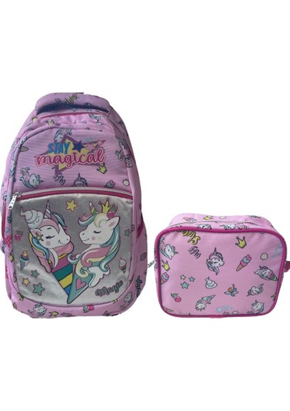 Ilkokul Okul Ortaokul Sırt Çantası Kız Erkek Unisex Beslenme Çantalı Kalemlikli Ortopedik 3lü Set At Unicorn Okul Çantası Pembe