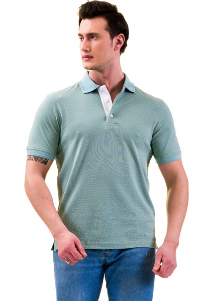 Çağla Yeşili Üzeri Beyaz Puantiyeli Polo Yaka Kısakol Pamuk Slim Fit Tişört modelleri