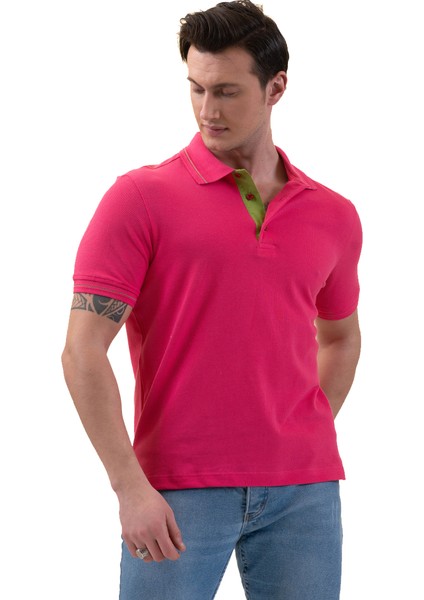 Pembe Yeşil Yaka Pat ve Kol Detaylı Polo Yaka Kısakol Pamuk Slim Fit Tişört modelleri