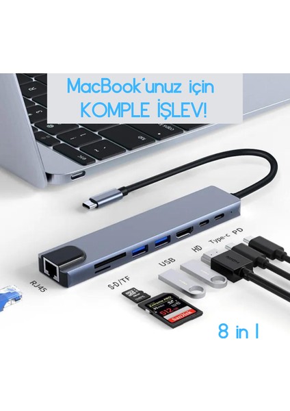 8 In 1 Çevirici Hub Dizüstü Bilgisayar Uyumlu USB Type-C Dönüştürücü Çevirici Çoklayıcı Hdmı Micro Sd Dönüştürücü