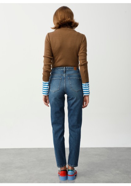 Yüksek Bel Dar Paça Mom Fit Indigo Kadın Denim Pantolon DT10104 Orta Indigo fiyatları