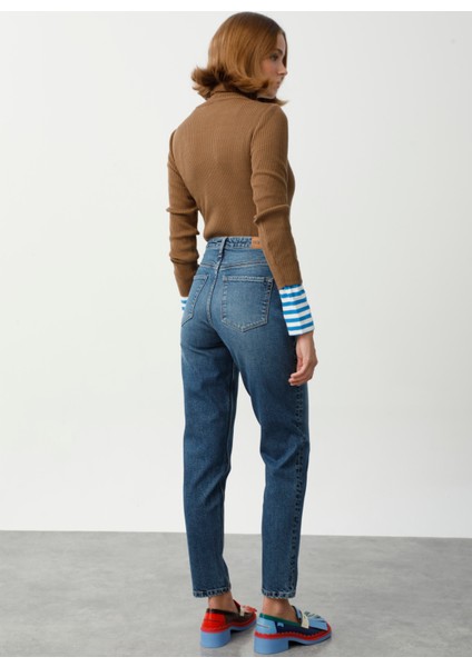 Yüksek Bel Dar Paça Mom Fit Indigo Kadın Denim Pantolon DT10104 Orta Indigo modelleri