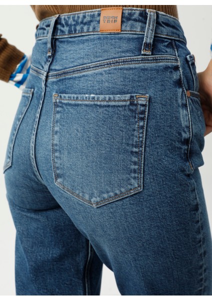 Yüksek Bel Dar Paça Mom Fit Indigo Kadın Denim Pantolon DT10104 Orta Indigo indirimleri