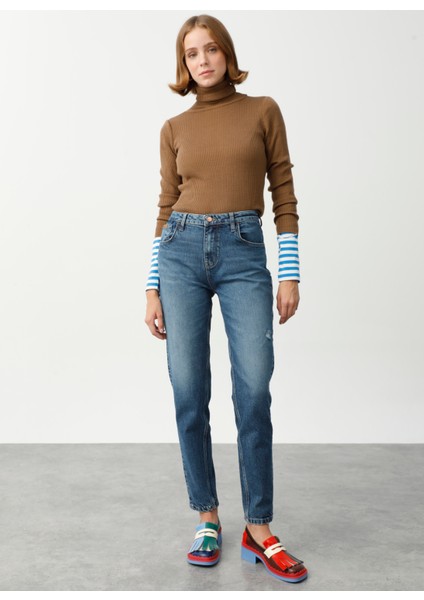 Yüksek Bel Dar Paça Mom Fit Indigo Kadın Denim Pantolon DT10104 Orta Indigo