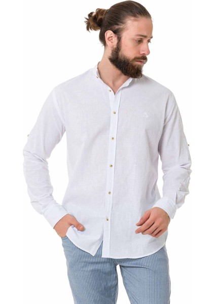 CH198 Hakim Yaka Beyaz Keten Yazlık Gömlek fiyatları