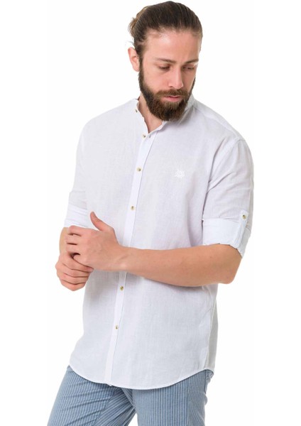 CH198 Hakim Yaka Beyaz Keten Yazlık Gömlek modelleri