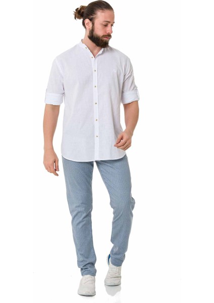 CH198 Hakim Yaka Beyaz Keten Yazlık Gömlek indirimleri