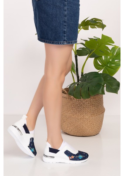 Lacivert Renk Gezegen Desenli Streç Ortopedik Spor Ayakkabı modelleri