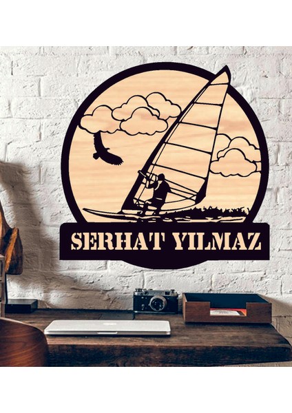 Yelkli Rüzgar Sörfü Diz Temalı Ahşap Duvar Tablo