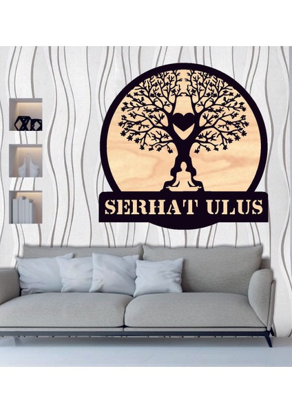 Kişiye Özel Ağaç Aşk Yoga Temalı Ahşap Duvar Tablo