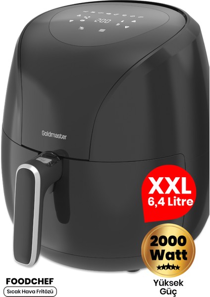 Foodchef 2000 Watt Yüksek Güç 6,4 Litre Geniş Xxl Dokunmatik Airfryer Yağsız Sıcak Hava Fritözü • 2000W Performans