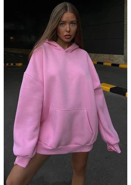 Pembe Kapüşonlu Şardonlu Oversize Sweatshirt MG1566