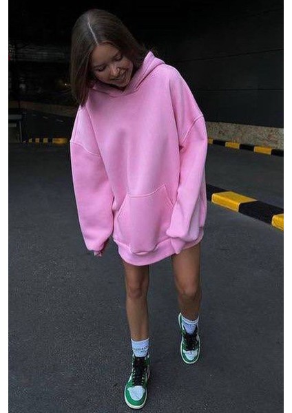 Pembe Kapüşonlu Şardonlu Oversize Sweatshirt MG1566