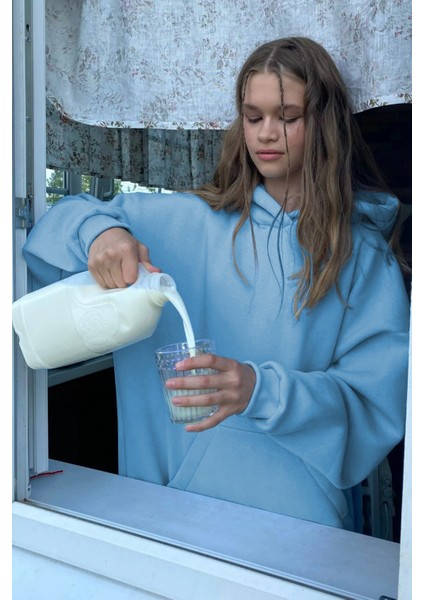 Mavi Kapüşonlu Şardonlu Oversize Sweatshirt MG1566 fiyatları