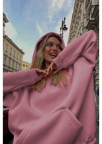 Pembe Kapüşonlu Şardonlu Oversize Sweatshirt MG1566