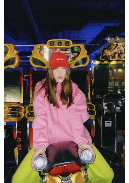 Pembe Kapüşonlu Şardonlu Oversize Sweatshirt MG1566