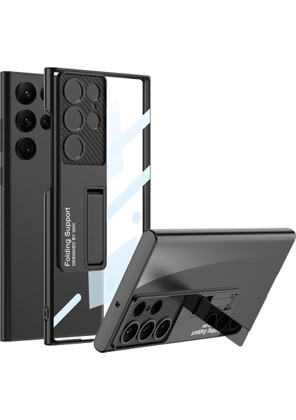 Samsung Galaxy S23 Ultra Kılıf Kamera Çevresi Fiber Karbon Tasarım Arka Şeffaf Standlı Tam Ince Armor Tam Tarz Koruma