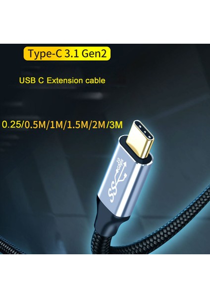 USB C3.1 Type-C Uzatma Kablosu 100W Usb-C Erkek-Kadın Gen 2 Genişletici Kablosu - Siyah (Yurt Dışından)