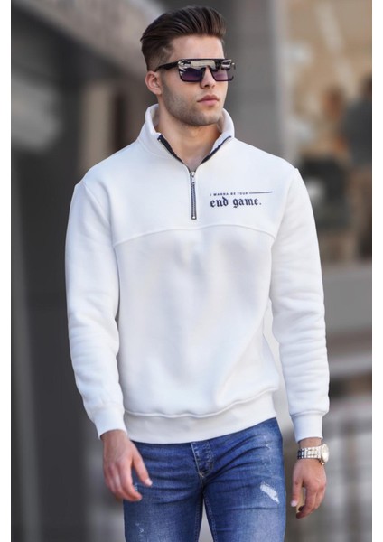 Ekru Baskılı Fermuarlı Sweatshirt 6001