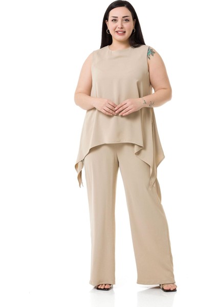 Büyük Beden Bluz Pantolon Bej Rengi Takım