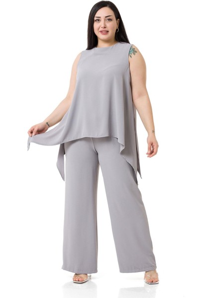 Büyük Beden Bluz Pantolon Gri Takım