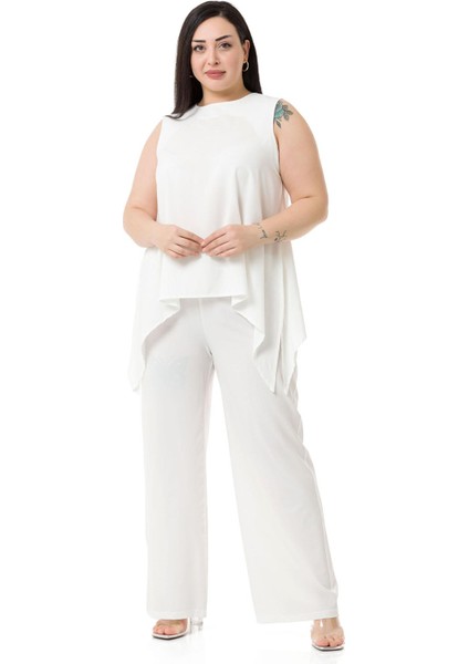 Büyük Beden Bluz Pantolon Beyaz Takım