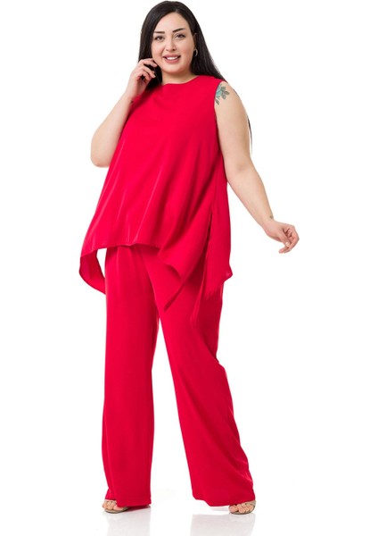 Büyük Beden Bluz Pantolon Kırmızı Takım