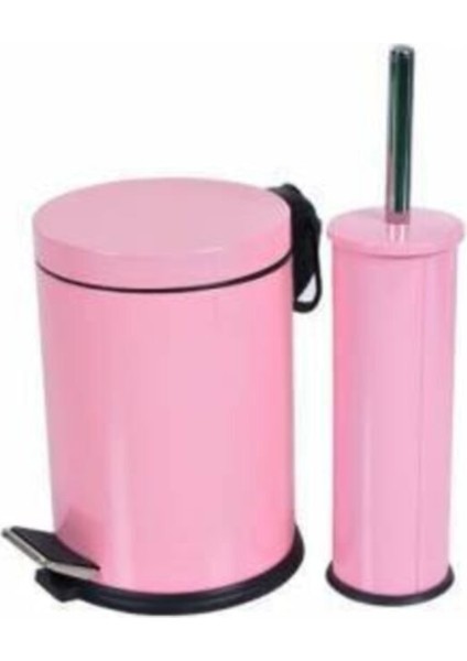 Pembe Çelik Banyo Seti Metal 3 Litre Pedallı Çöp Kovası ve Wc Fırçası Set