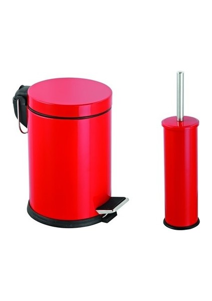 Çelik Kırmızı Banyo Seti Metal 3 Litre Pedallı Çöp Kovası ve Wc Fırçası Set