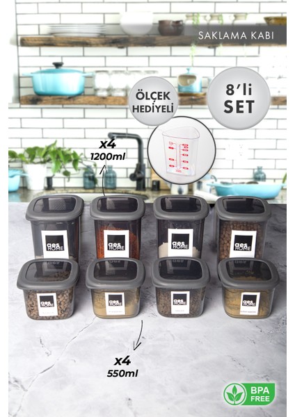 Aes Home Kırılmaz Kare Erzak Saklama Kabı Füme 1,20 Lt x 4 Adet- 0,55 Lt x 4 Adet 8' Li Set (Ölçek ve Etiket Hediyeli)