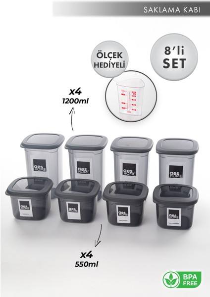 Aes Home Kırılmaz Kare Erzak Saklama Kabı Füme 1,20 Lt x 4 Adet- 0,55 Lt x 4 Adet 8' Li Set (Ölçek ve Etiket Hediyeli)