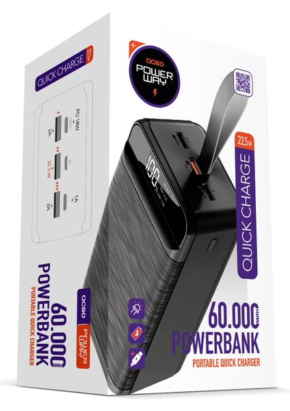 Pd 22.5W 60.000 Mah 3.0 Hızlı Şarj (Gerçek 60.000 Mah ) QC60 Powerbank