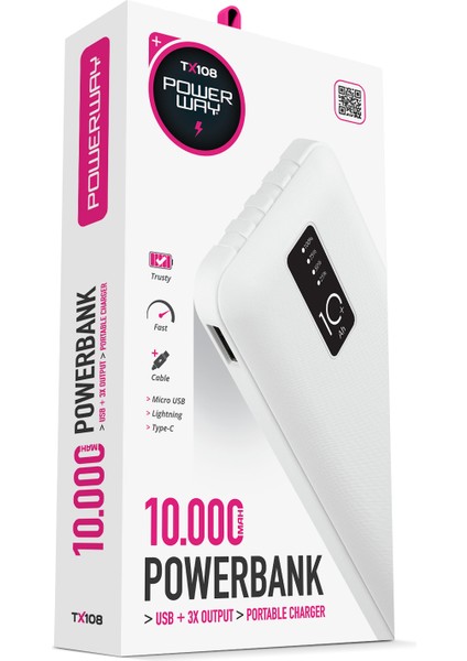 10.000 Mah Kablolu Dijital Göstergeli Gerçek 10.000 Mah Garantili İnce Tasarım TX108 Beyaz Powerbank