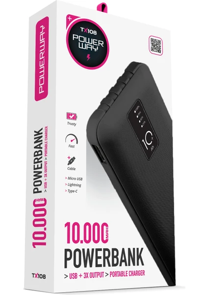 10.000 Mah Kablolu Dijital Göstergeli Gerçek 10.000 Mah Garantili İnce Tasarım TX108 Siyah Powerbank