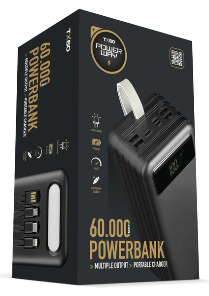 60.000 Mah Kablolu Dijital Göstergeli Gerçek 60.000 Mah Garantili Işıklı Kamp TX60 Siyah Powerbank