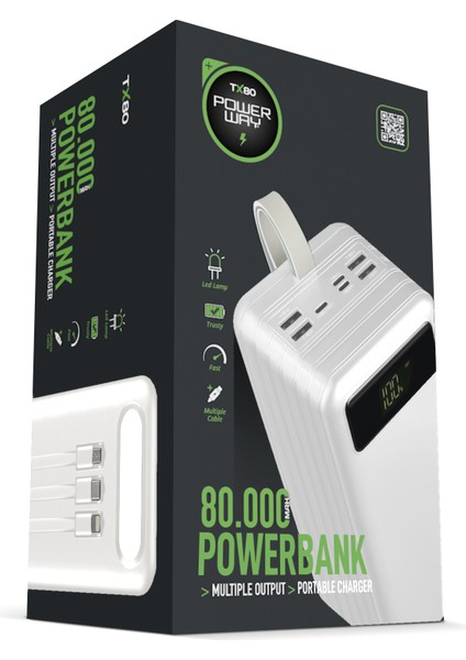 80.000 Mah Kablolu Dijital Göstergeli Gerçek 80.000 Mah Garantili Işıklı Kamp TX80 Beyaz Powerbank